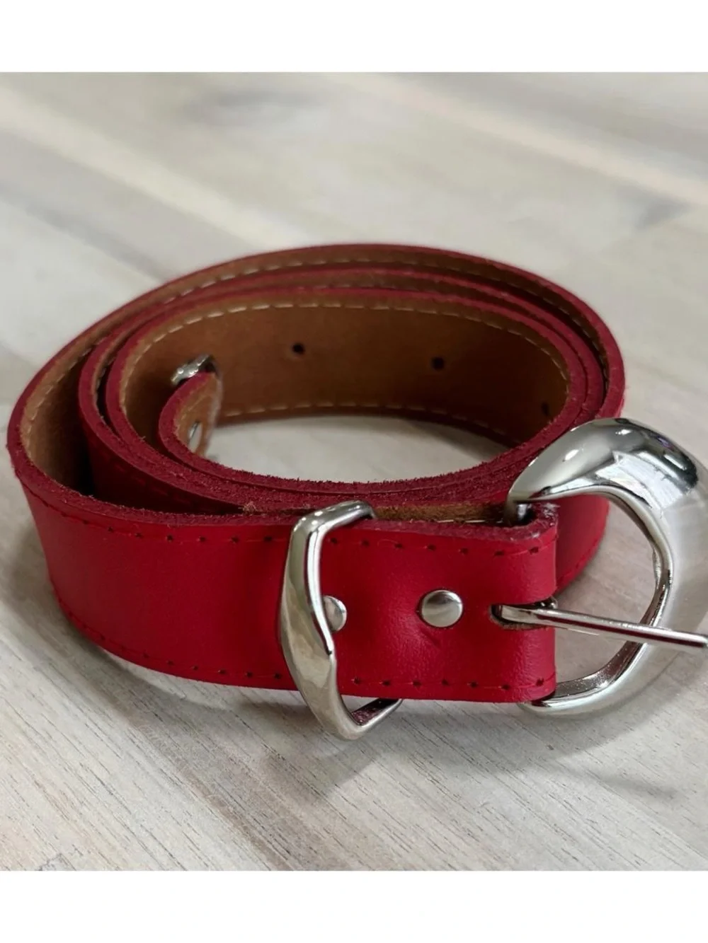 Red Leather Women's Belt with Silver Buckle
